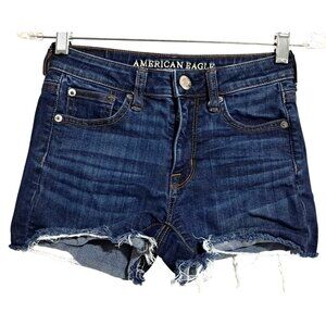 American Eagle Womens Hi-Rise Shortie Distressed Denim Shorts Size 00 Super Stre